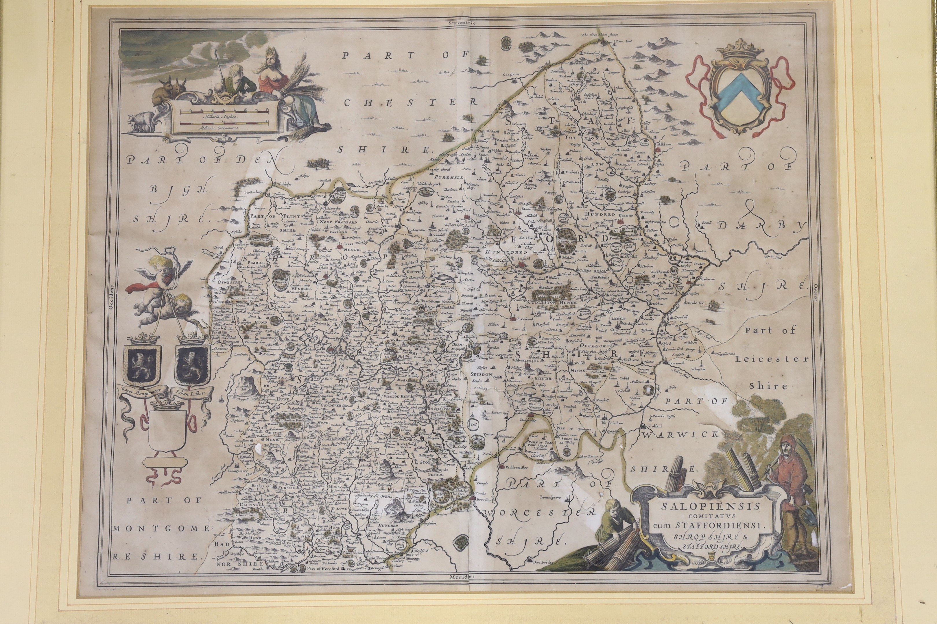 Jan Janssen, coloured engraving, Map of Herofordiae, Latin text verso, 41 x 54cm, a similar map of Salopiensis, overall 44 x 56cm, and a Greenwood map of Surrey, 64 x 76cm